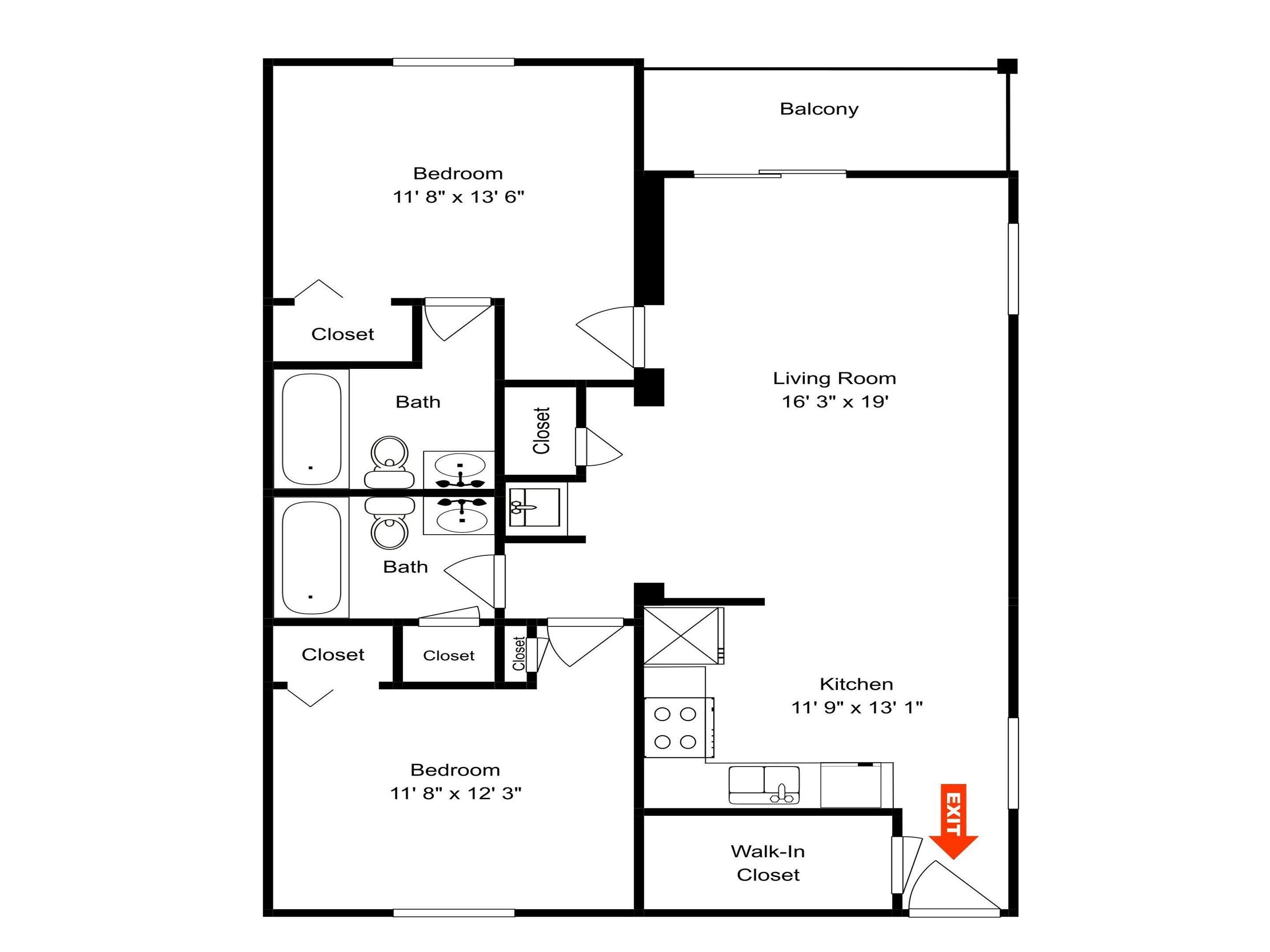 A floor plan with a bedroom, living room, kitchen, walk-in closet, and bathroom.