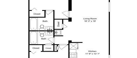A floor plan with a bedroom, living room, kitchen, walk-in closet, and bathroom.