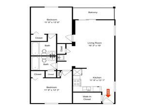 Un plan d’étage d’une chambre d’hôtel comprenant un balcon, deux chambres, un salon, une cuisine, deux salles de bain et un dressing.
