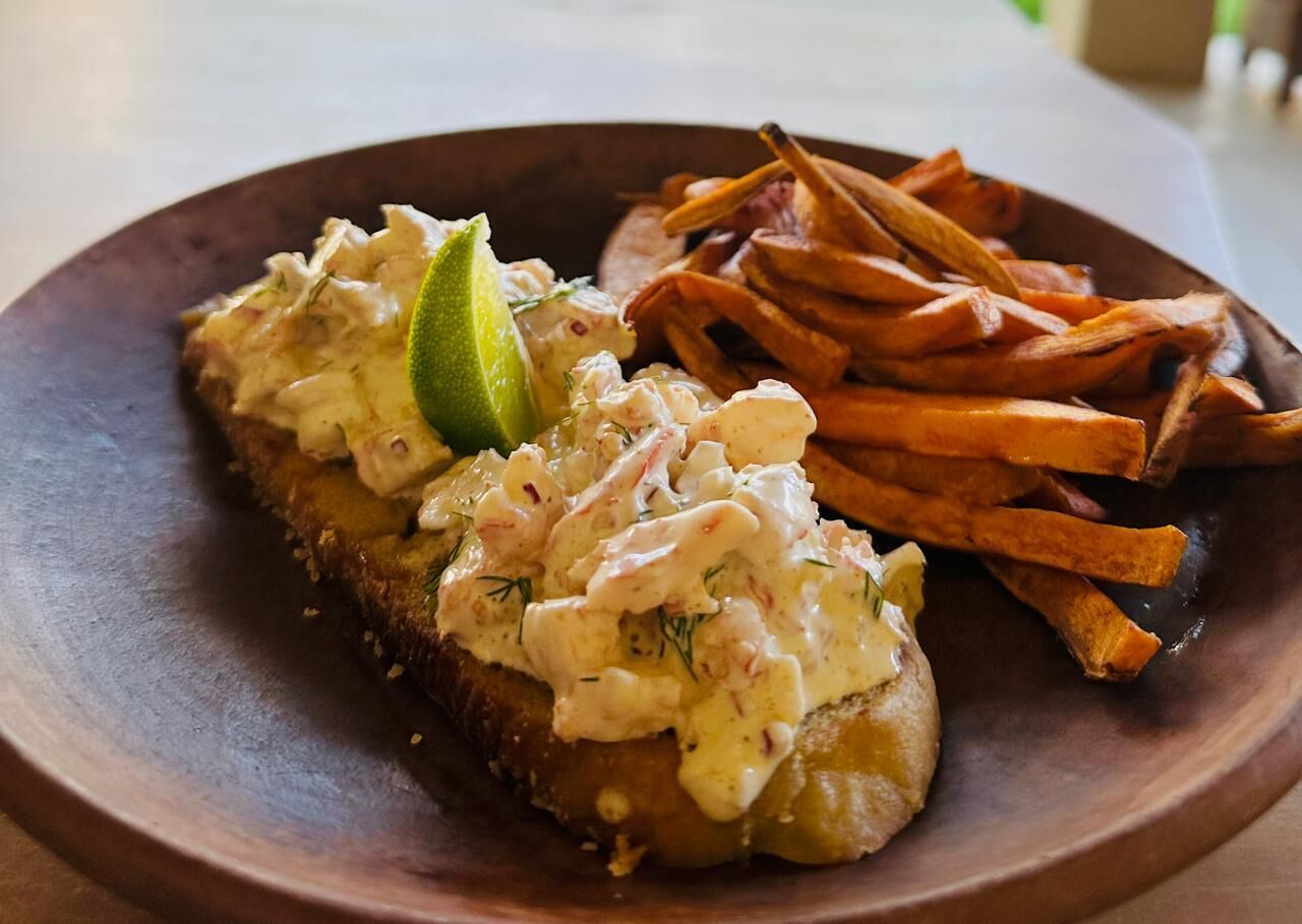 Een bord met een sneetje toast belegd met een romige spread, vergezeld van een portie friet.
