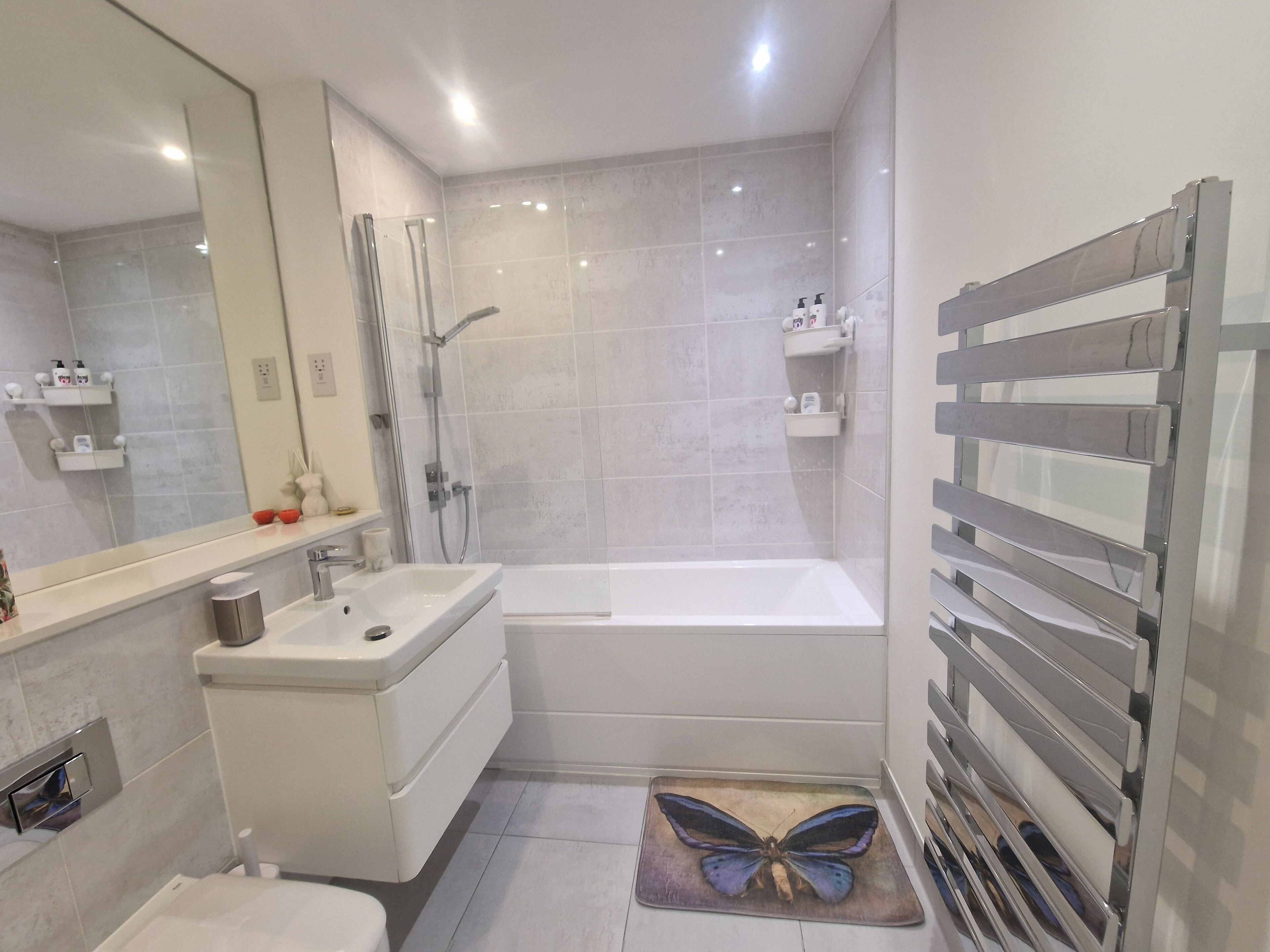 Hair dryer, towels, soap, shampoo