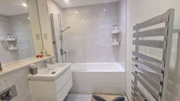 Hair dryer, towels, soap, shampoo