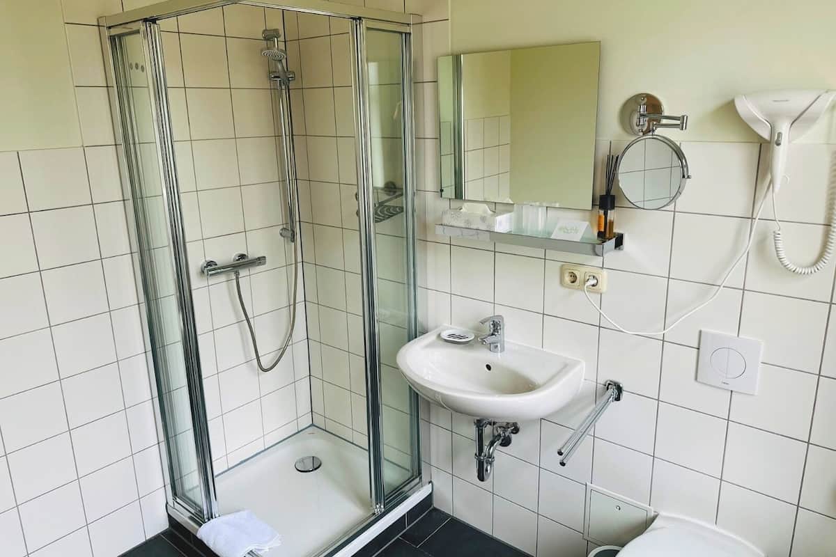 Shower, free toiletries, hair dryer, towels