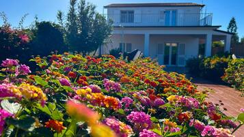 A building with a balcony, surrounded by a garden with various flowers.