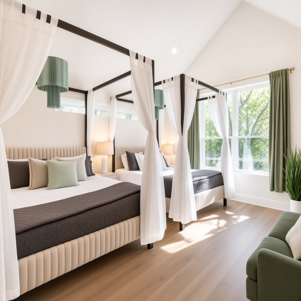 A four-poster bed with white drapes, a green sofa, and a potted plant in a room with wooden flooring and large windows.