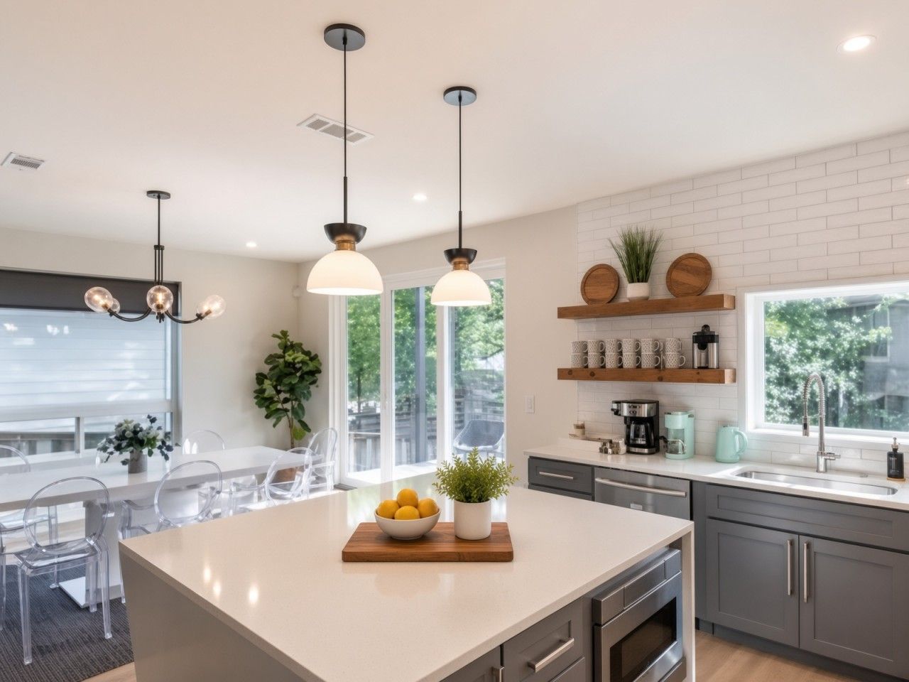 A modern kitchen with a central island, pendant lighting, and a view of the outdoors.