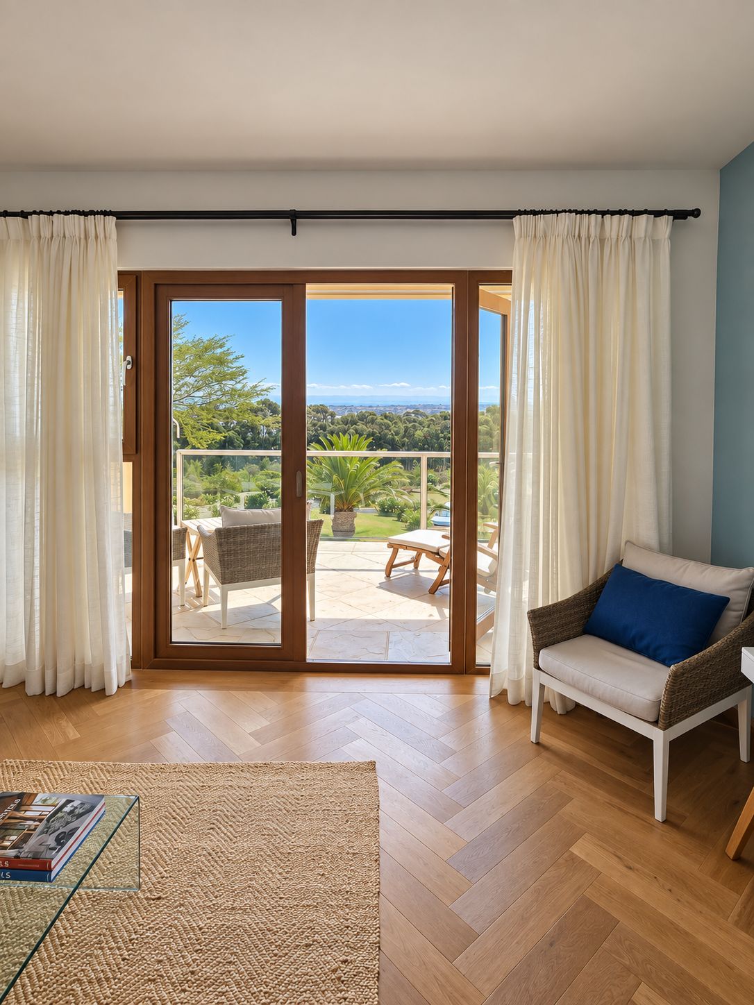 A room with a sliding glass door leading to an outdoor patio with furniture.