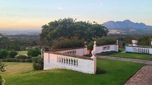 Un giardino curato con un muro bianco e un vialetto in pietra.