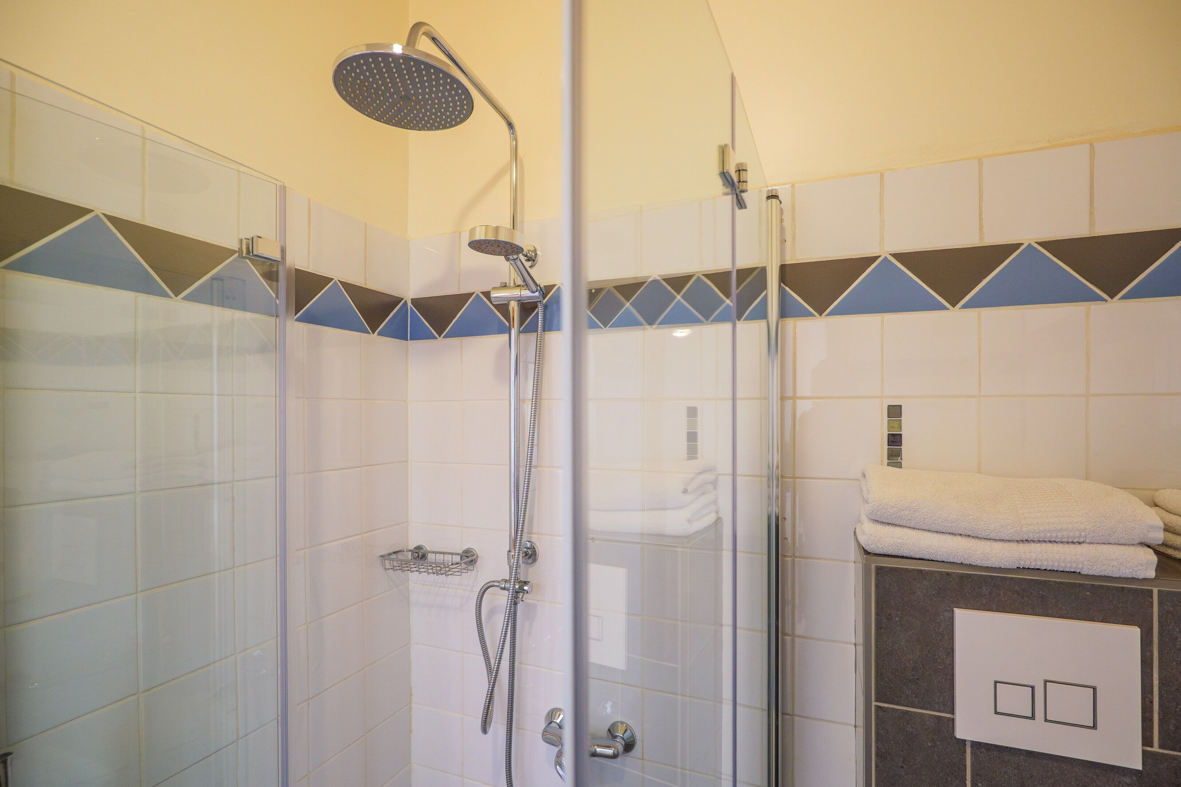 Une douche équipée d’un pommeau de douche à main et d’un robinet mural, d’une cabine de douche en verre et d’un mur carrelé orné d’un motif géométrique.