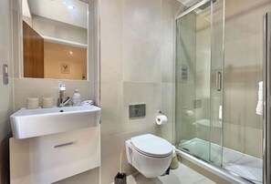 Douche, sèche-cheveux, serviettes fournies, savon