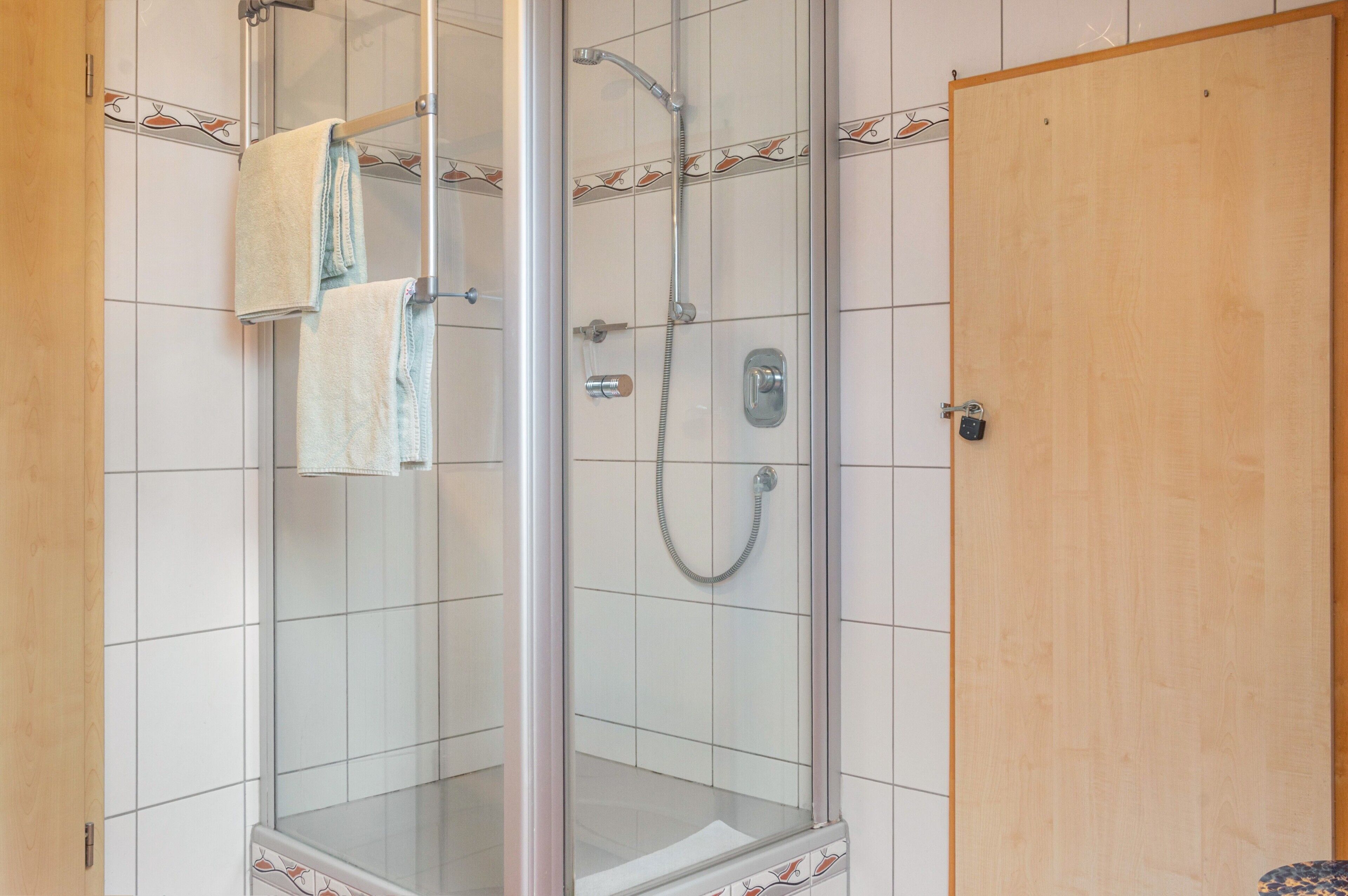 Une douche fermée par des parois en verre, dotée d’un pommeau de douche à main, d’un porte-serviettes et d’une porte en bois.