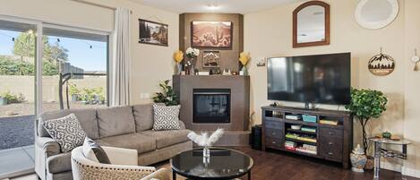 Télévision, cheminée, jeux vidéo, lecteur de DVD