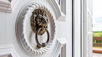 A white door with a brass lion head knocker and a ring handle.