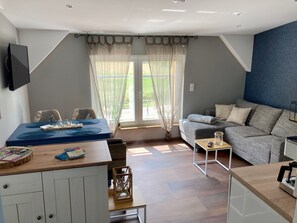 Una televisión, un reproductor de DVD, una mesa de tenis de mesa