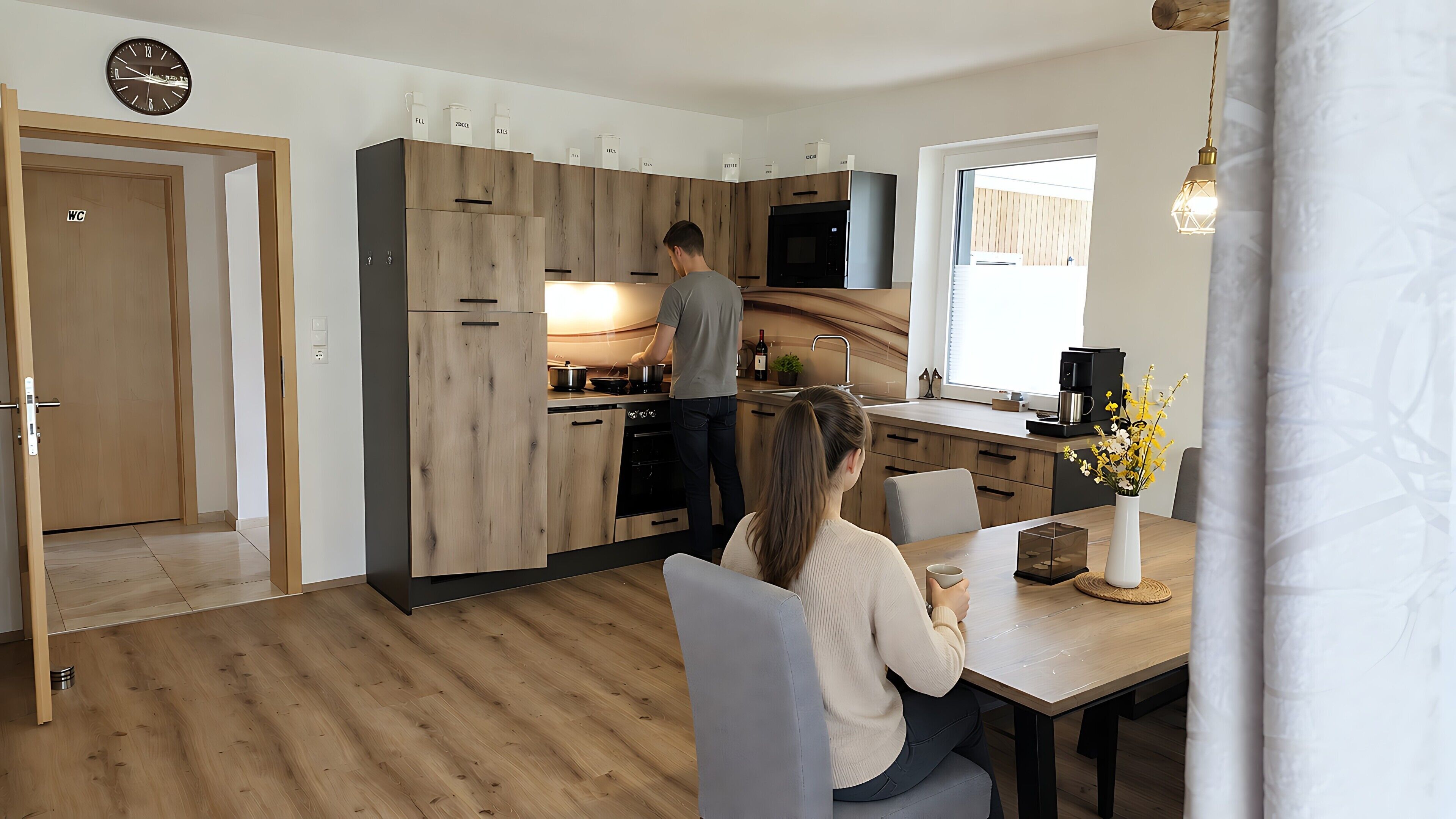Une cuisine moderne avec des meubles en bois, un four à micro-ondes et une personne qui cuisine.