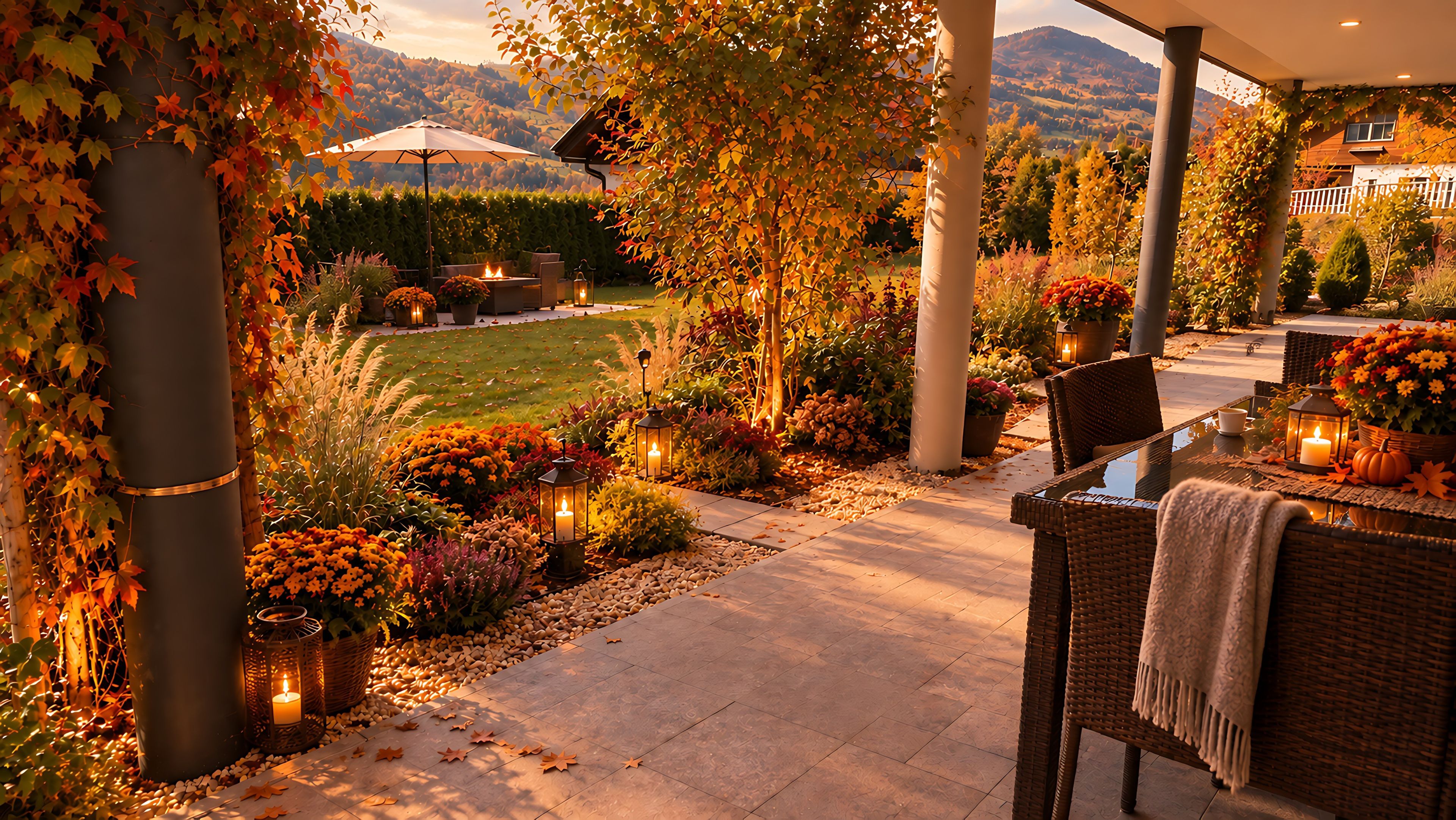 An outdoor patio area with seating, a fire feature, and a view of the landscape.
