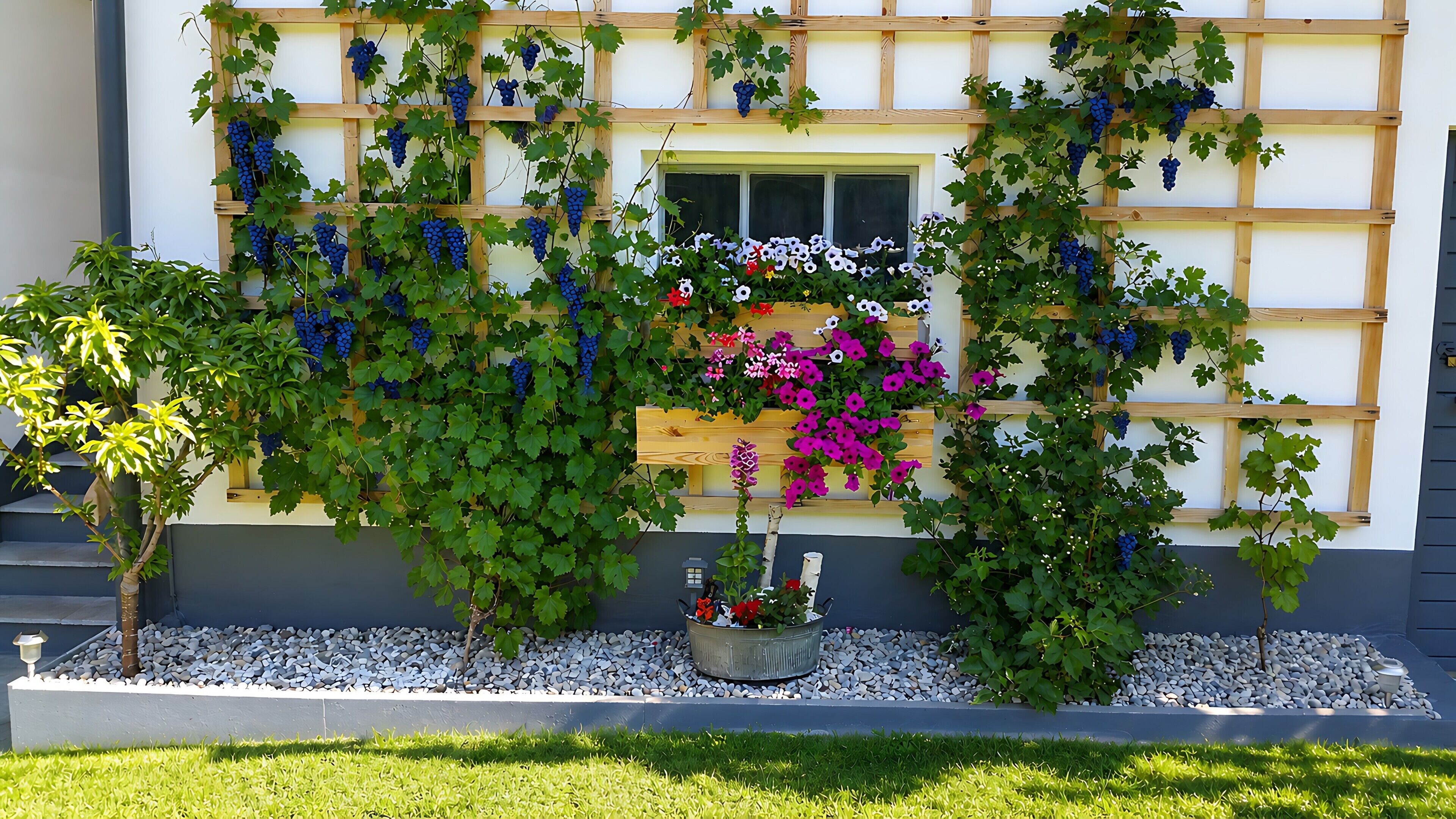 En have med espalier, et lille træ og en blomsterbed med røde blomster.