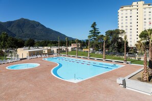 Seasonal outdoor pool, pool umbrellas, pool loungers