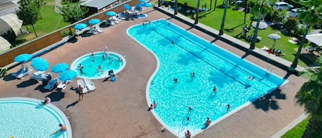 Seasonal outdoor pool, pool umbrellas, sun loungers