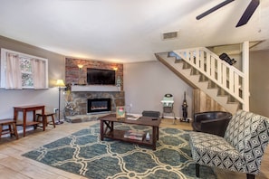 TV, fireplace, table football -   • Spacious 3BD Near TOWN | Hot Tub + Pool Access • (Gatlinburg)
