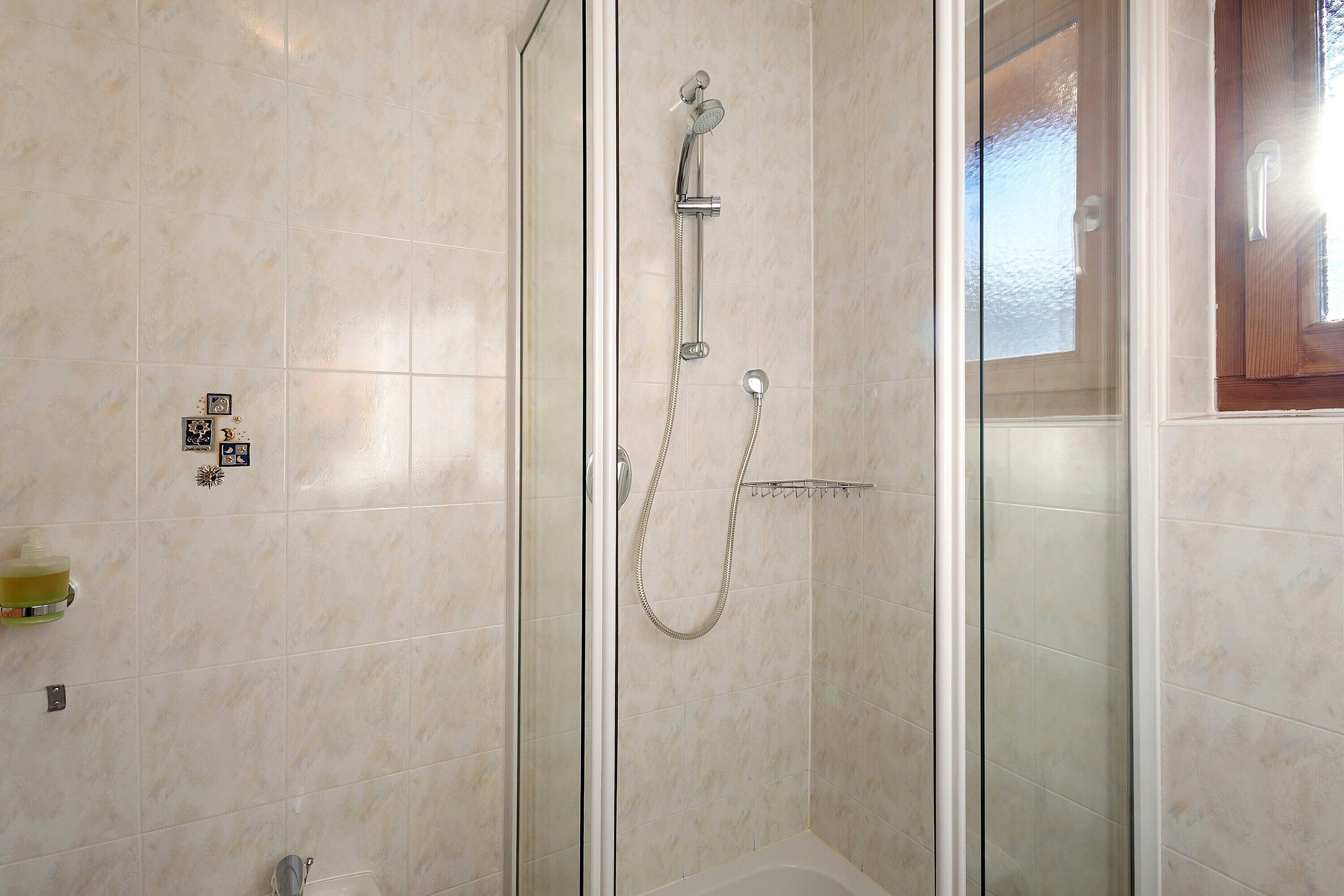 Un espace douche fermé par des parois de verre, équipé d’un pommeau de douche à main et d’un flexible à main.