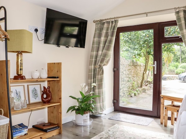 Une pièce chaleureuse avec un téléviseur fixé au mur, une étagère en bois ornée d’objets décoratifs, une plante en pot et une vue sur un jardin, visible à travers une porte vitrée.