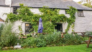 A white building with ivy-covered walls, a wooden bench, and a table with a blue umbrella. - Camellia Cottage (Bodmin)