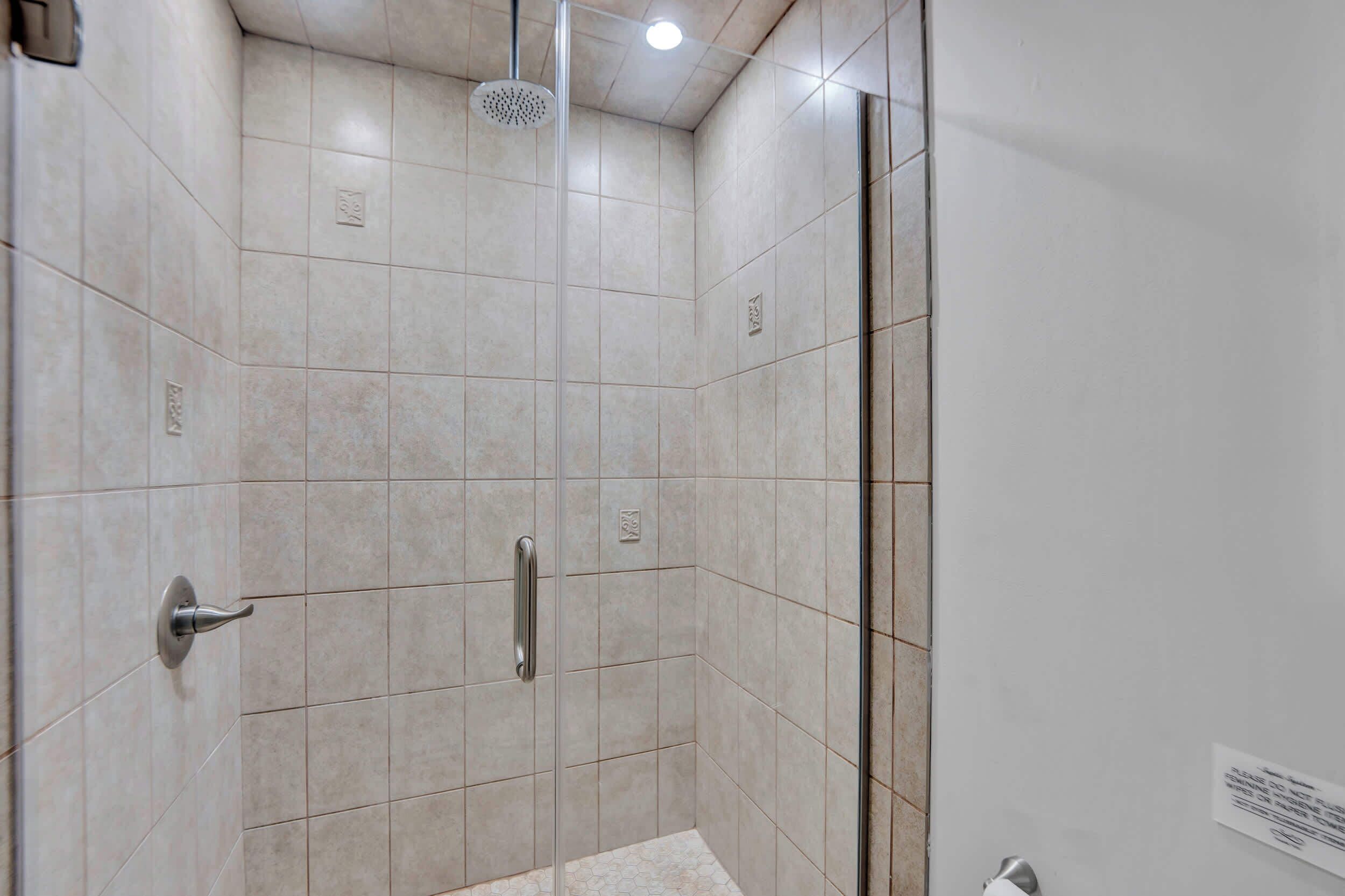 Shower, eco-friendly toiletries, hair dryer, towels