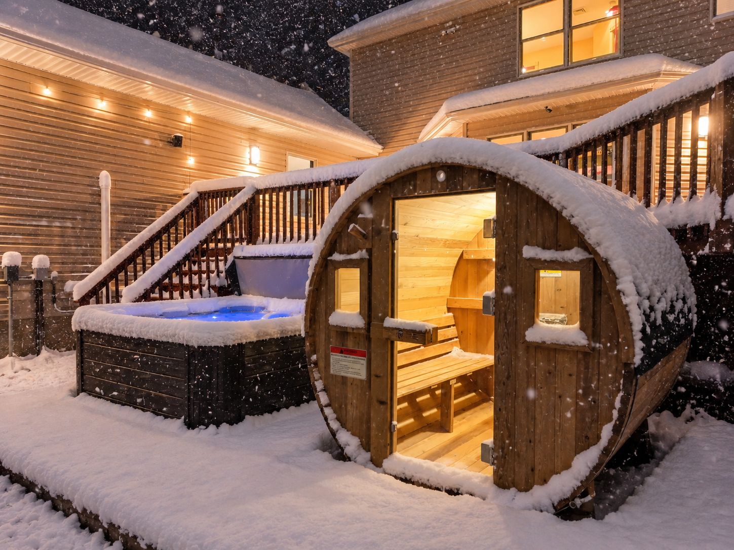 Een houten sauna met een bankje binnenin, omgeven door sneeuw.