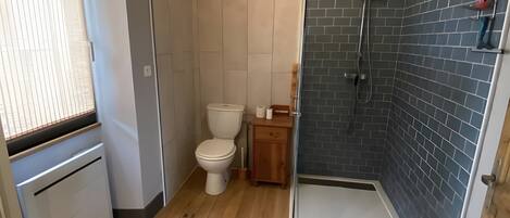 Un baño con inodoro, ducha y lavamanos.