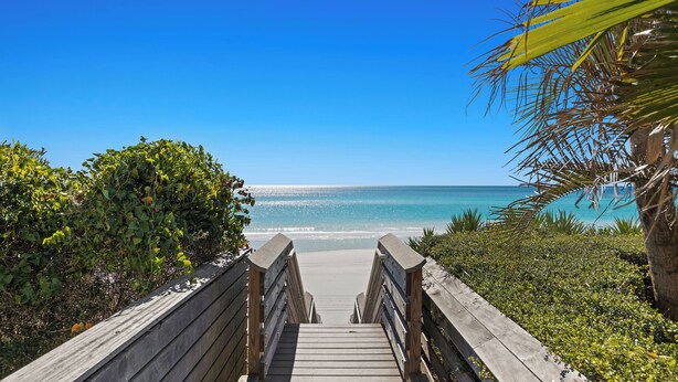 Ein hölzerner Weg führt zu einem Strand mit klarem, blauem Wasser und einer Palme rechts.