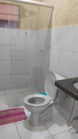 Shower, towels, toilet paper