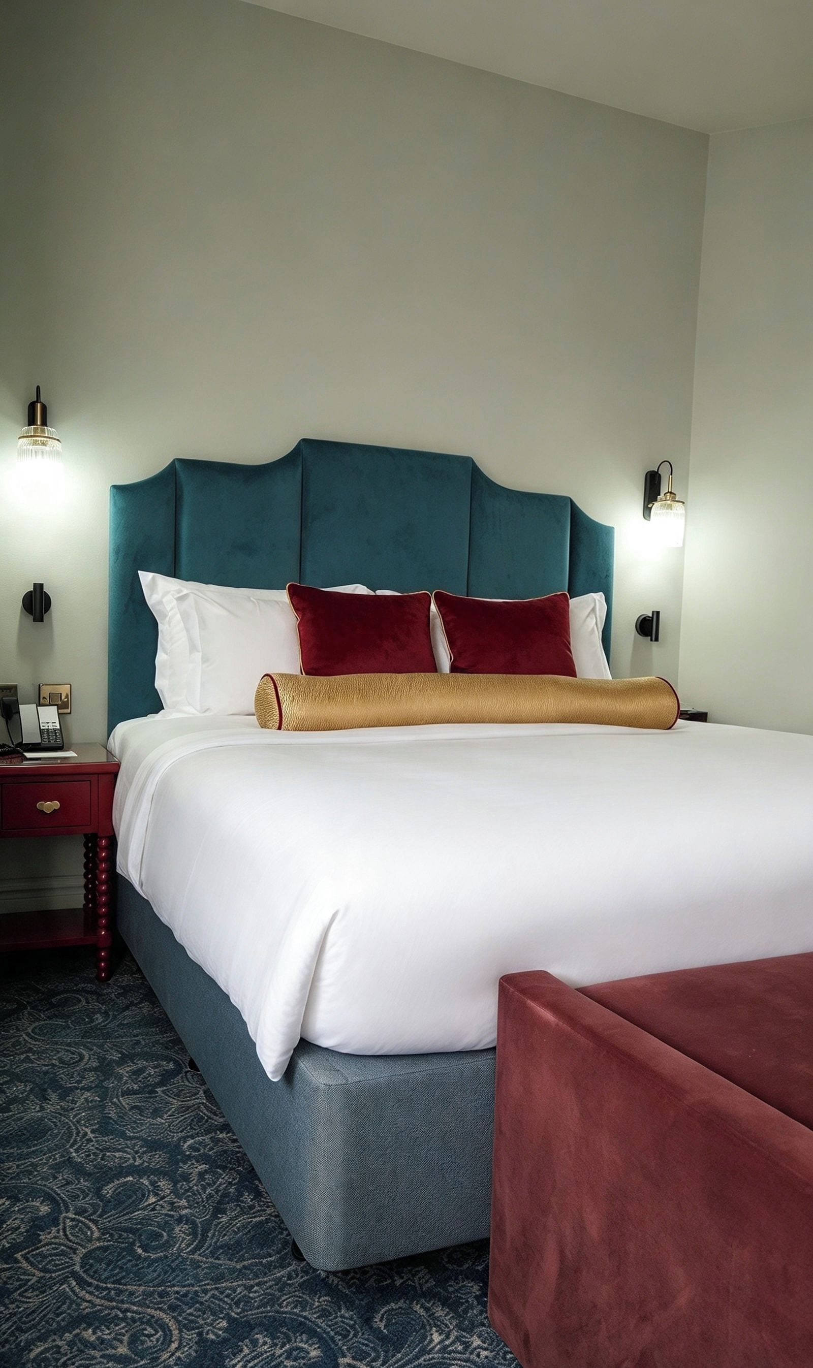 Habitación de hotel con una cama grande, una mesita de noche roja, un teléfono y dos lámparas de pared.