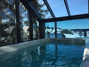 An indoor swimming pool with a glass ceiling, surrounded by trees and a snowy landscape. - 4 Apartments with Spa Area and Mountain Views (Oberibach)