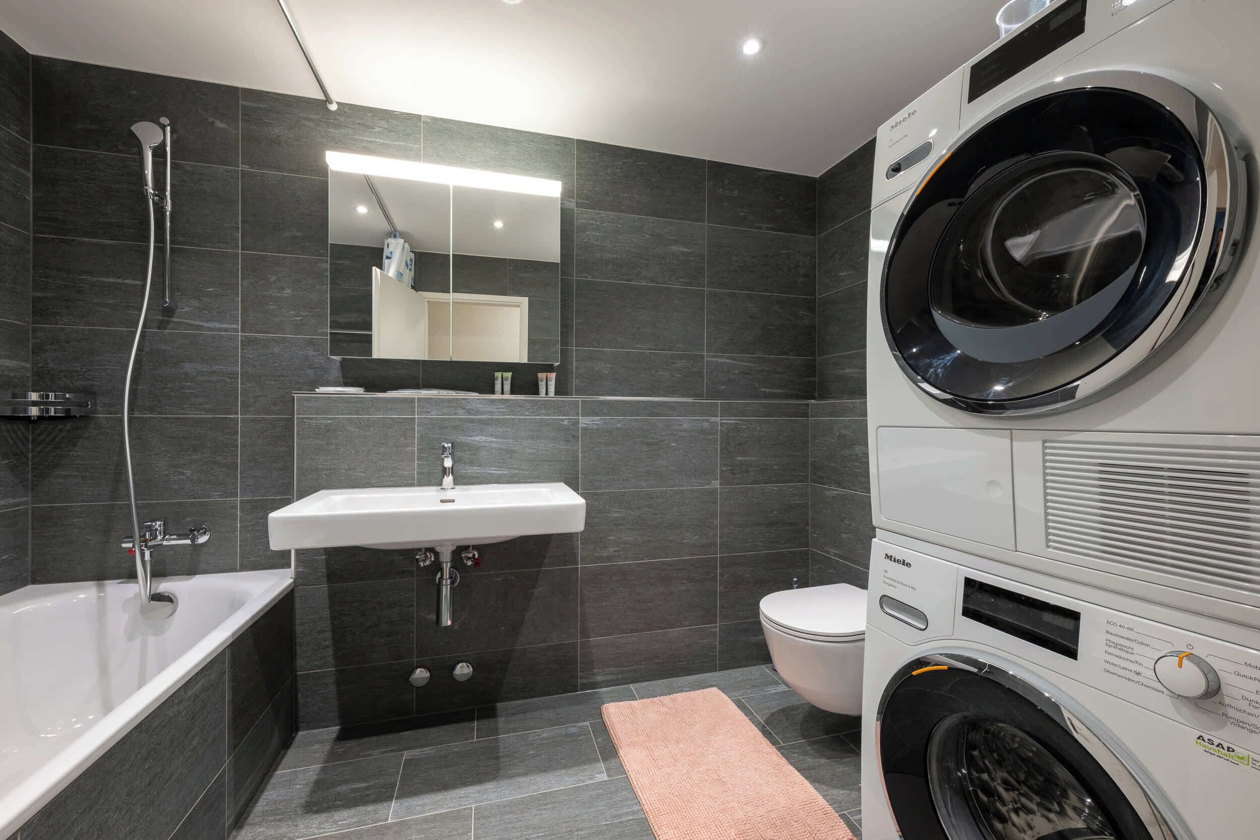 Shower, hair dryer, shampoo