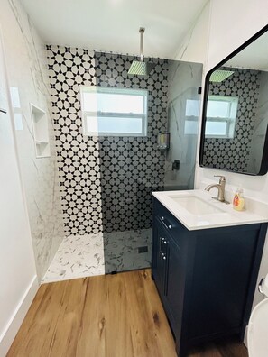 Hair dryer, towels, soap, toilet paper