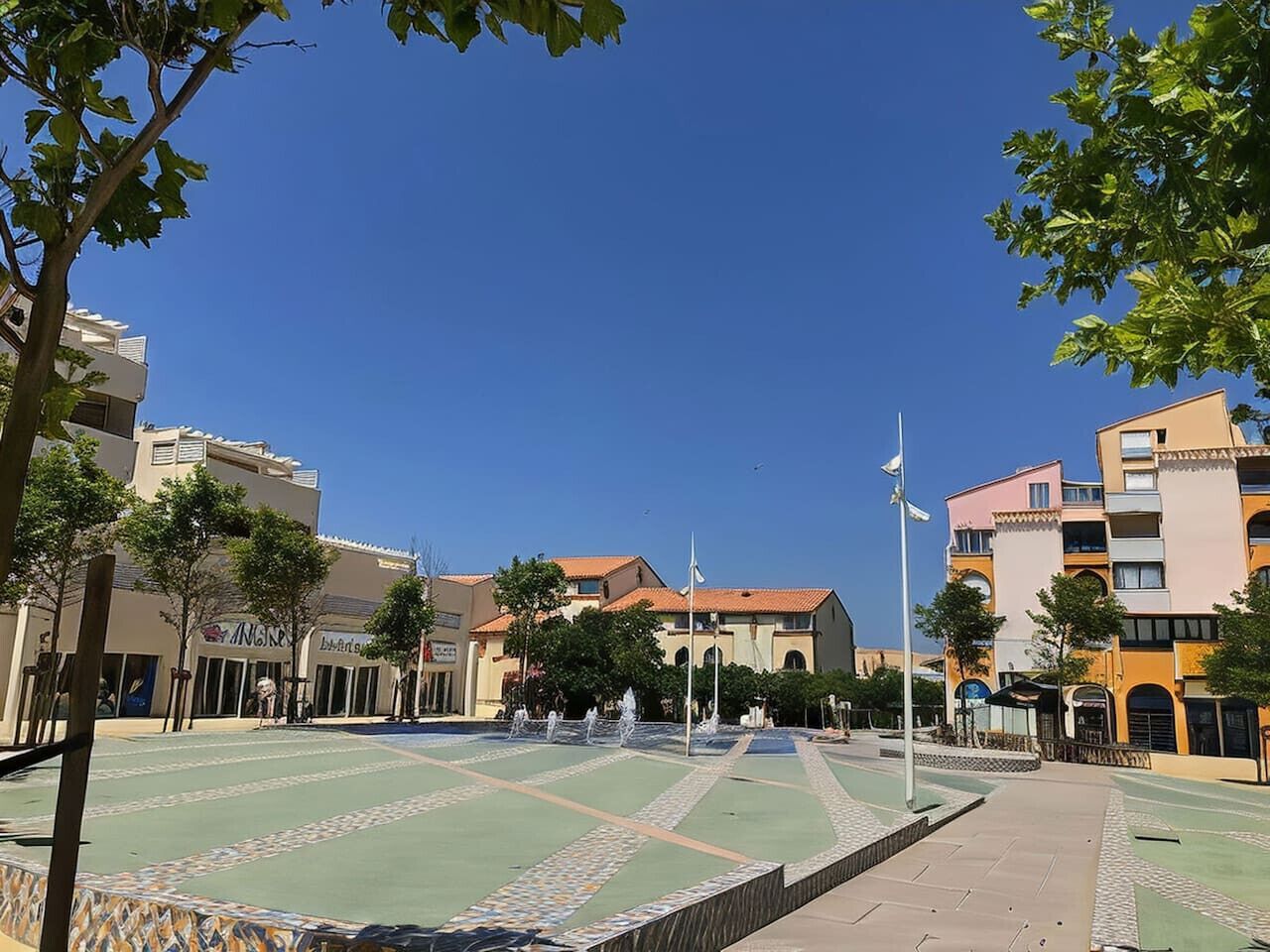 A courtyard with a fountain, surrounded by buildings with balconies and storefronts.