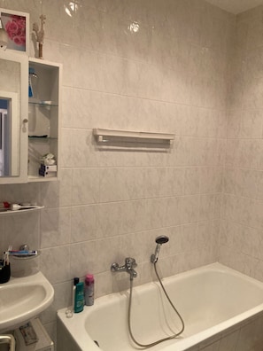 Hair dryer, towels, soap, toilet paper