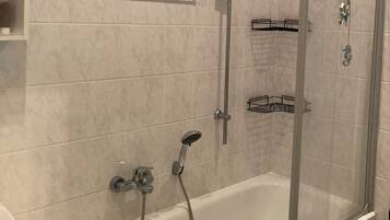 Hair dryer, towels, soap, toilet paper