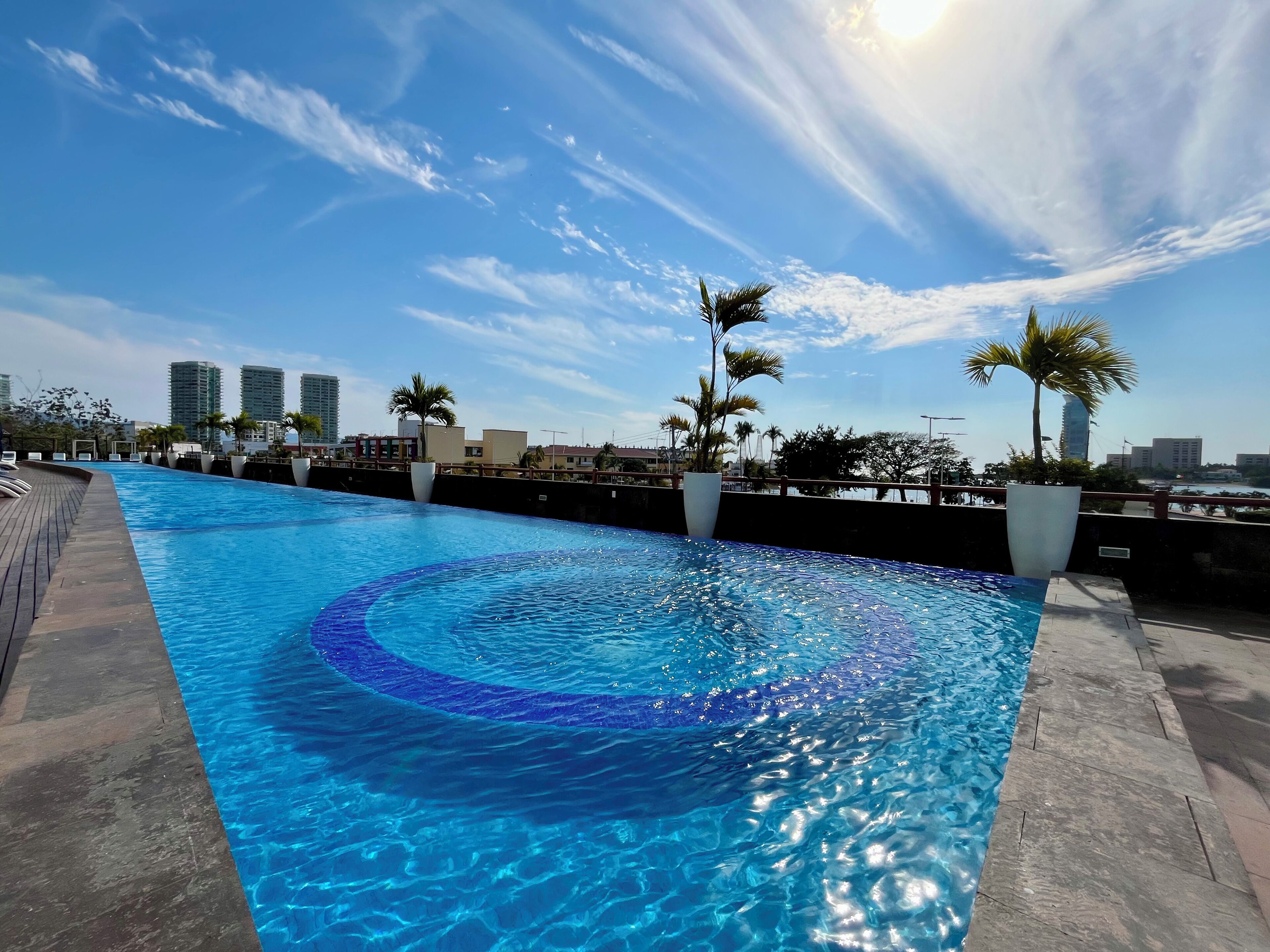 Una piscina larga con un diseño circular en el centro, rodeada por una cubierta de madera y palmeras en macetas.