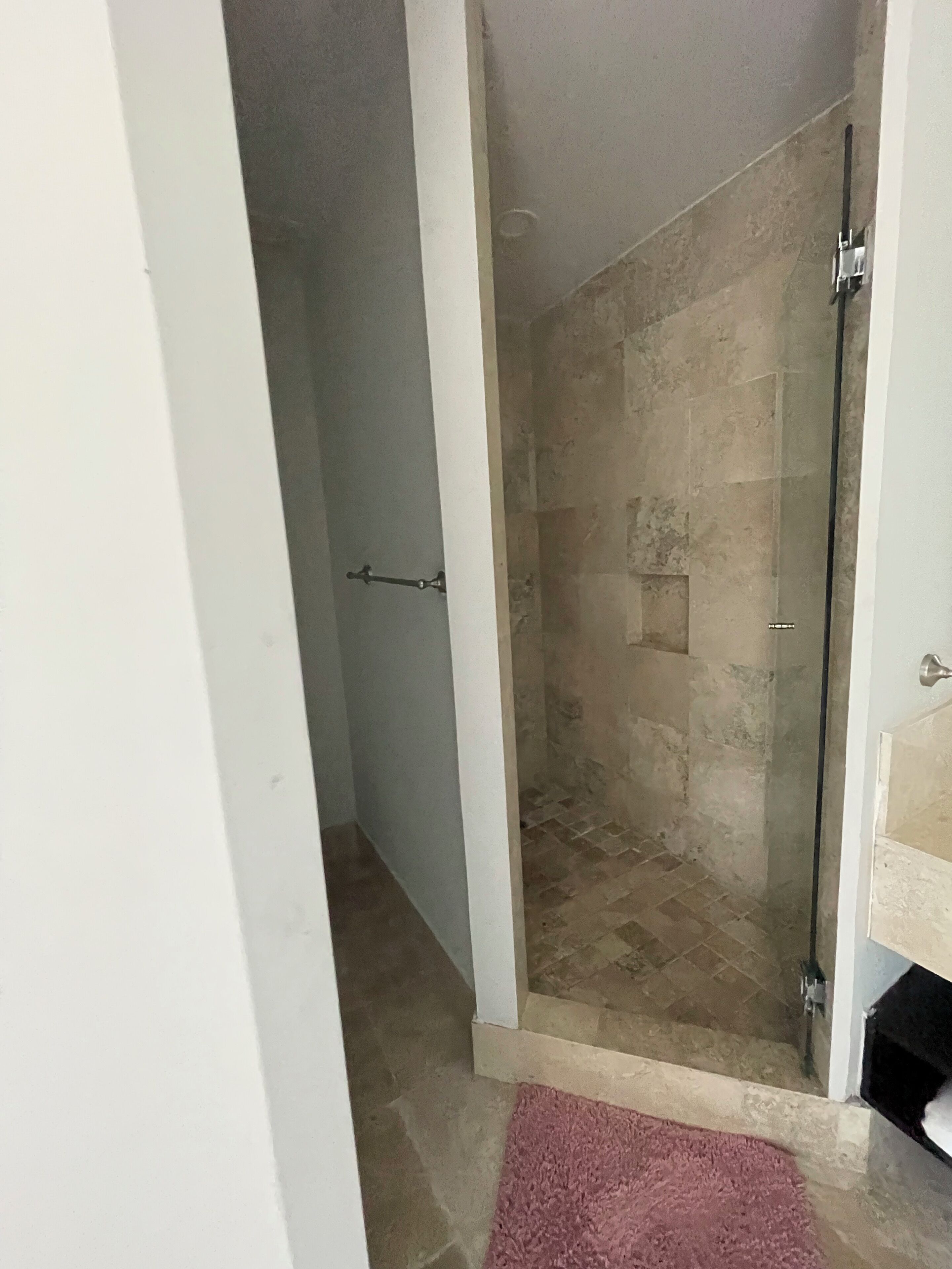Une salle de bain avec une douche à parois de verre, une porte blanche et un tapis rose sur le sol.