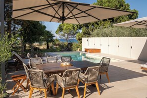 Outdoor dining - Amazing waterfront villa with pool and Ionian sea sunsets direct access to beach (Nestor)