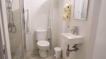 Hair dryer, towels, soap, toilet paper