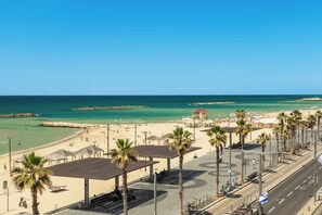 Eine Küstenstraße mit Strand, Palmen und blauem Himmel.