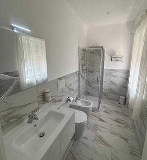 Shower, free toiletries, hair dryer, towels