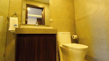 A bathroom with a toilet, sink, and mirror.