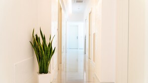 Un couloir lumineux, aux murs blancs, avec une plante en pot sur le côté gauche, qui mène à une porte au fond.