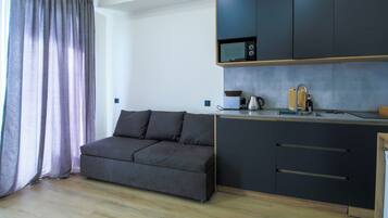 Comfort Apartment, Balcony, Mountain View | Private kitchen | Mini-fridge, microwave, highchair, cookware/dishes/utensils