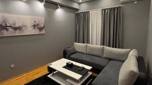 A modern living room with a grey sofa, a black and white coffee table, a black rug, and a painting on the wall. - Aetheria apartment (Shkupi)