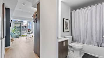 Hair dryer, towels, soap, toilet paper